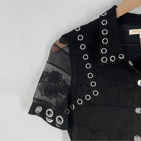 Maje Black Lace Silver Grommet Details Snap Front Collared Romper Size XS - Picture 4 of 16